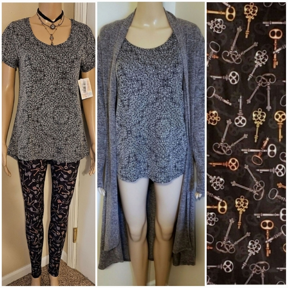 NWT 3Pc Skeleton Keys SET: LuLaRoe Top, CP Duster & CP Tween-OS 4 Black Leggings